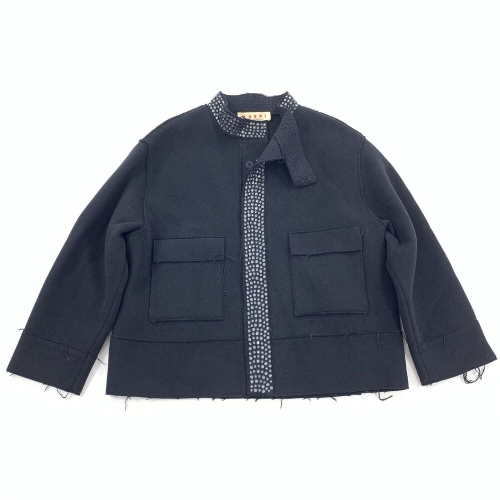 Marni Rhinestone Wool Coat Size 40 IT 4 Womens Solid Black Luxury Short